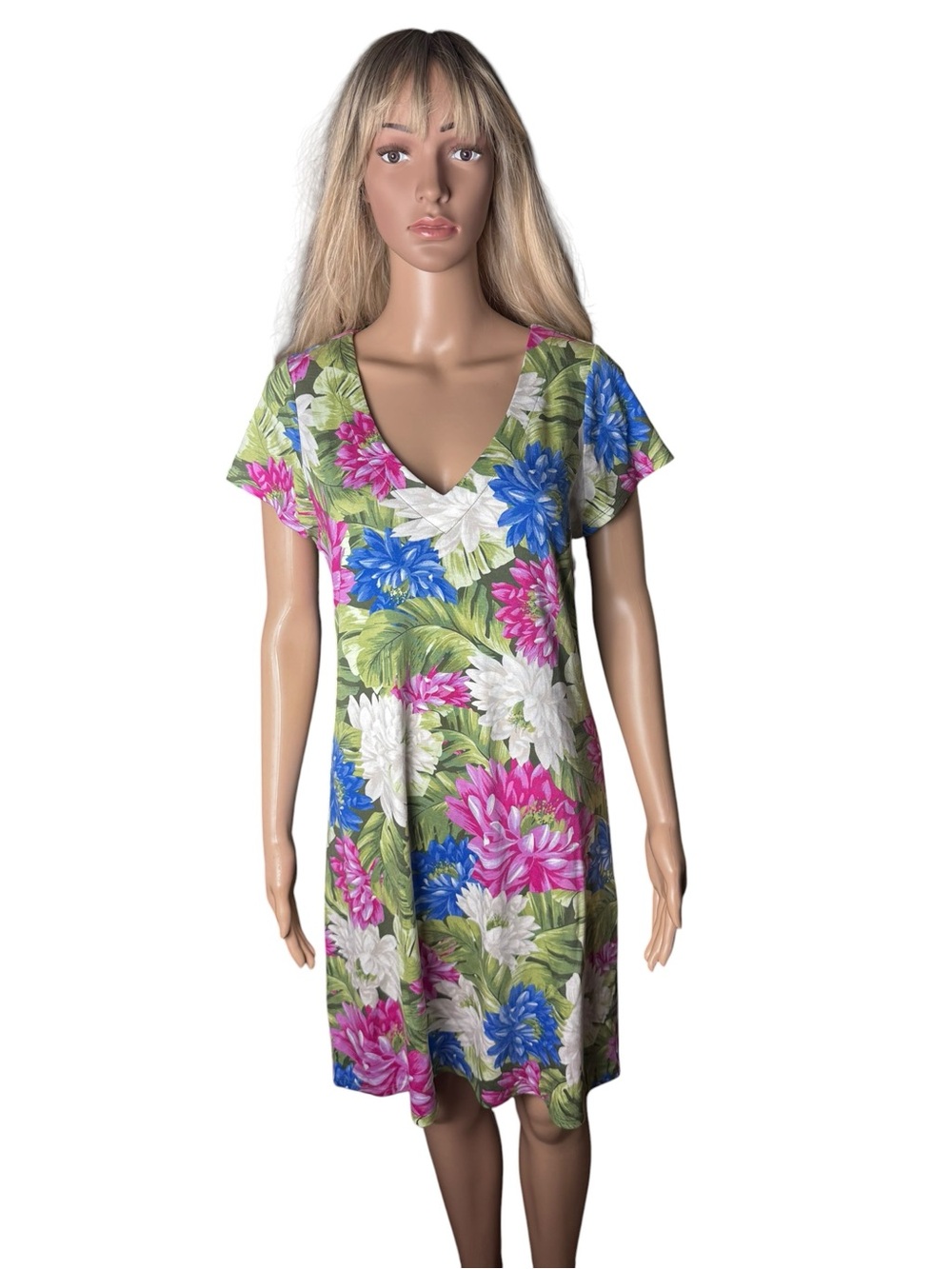 NWT Tommy Hilfiger Floral V-Neck Dress Short Sleeve Tropical Pink Blue Green M